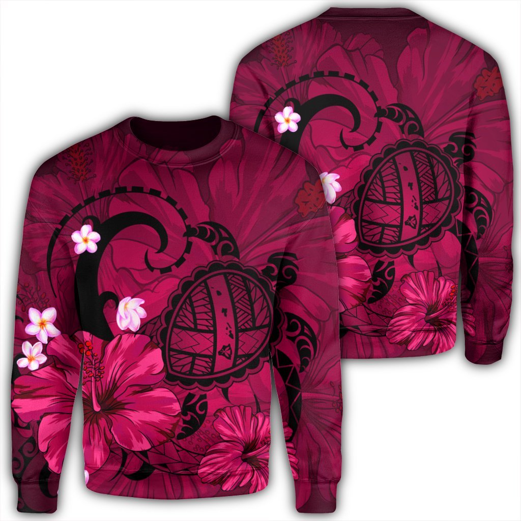 Hawaiian Map Big Turtle Hibiscus Plumeria Tribal Polynesian Sweatshirt - Pink - AH Unisex Black - Polynesian Pride