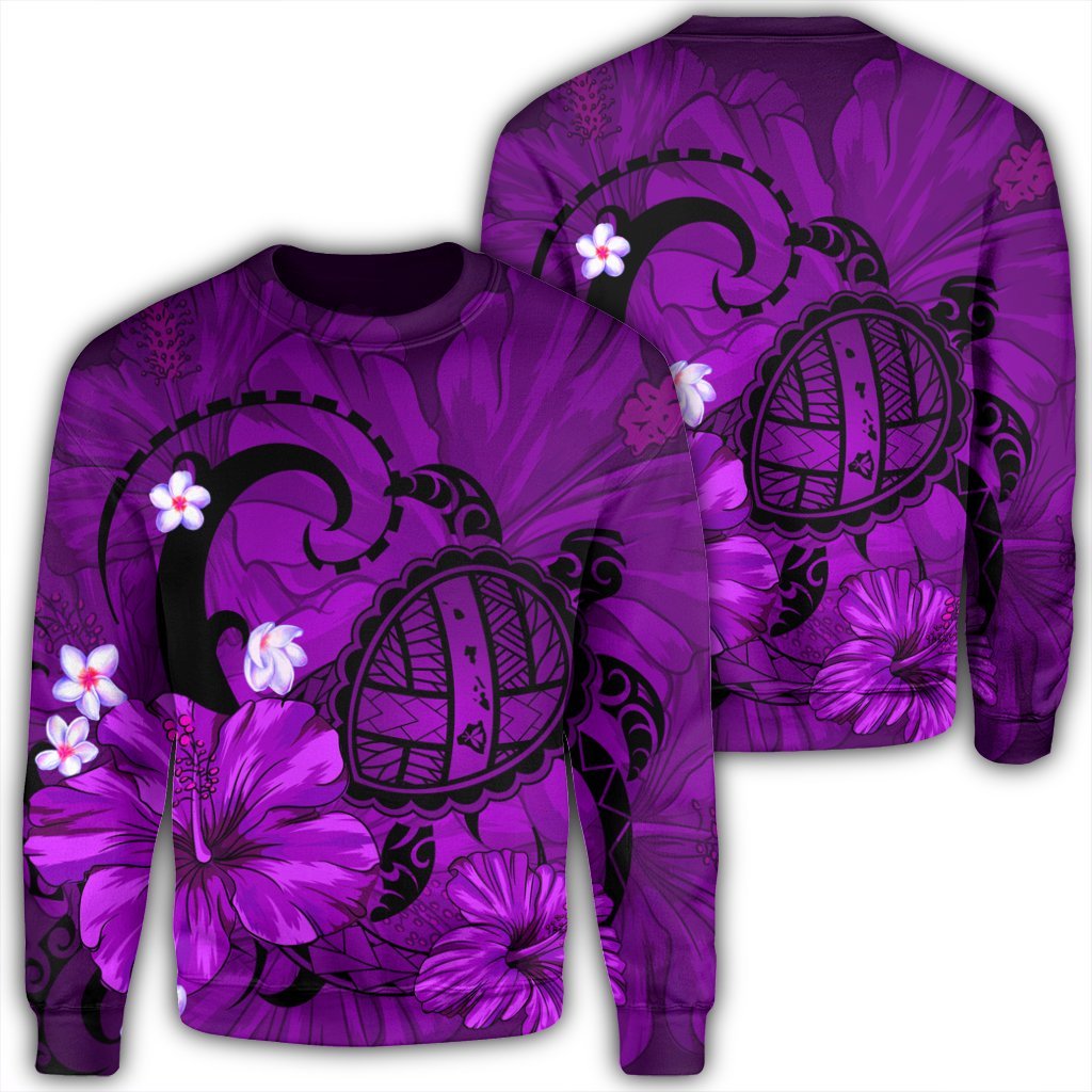 Hawaiian Map Big Turtle Hibiscus Plumeria Tribal Polynesian Sweatshirt - Purple - AH Unisex Black - Polynesian Pride