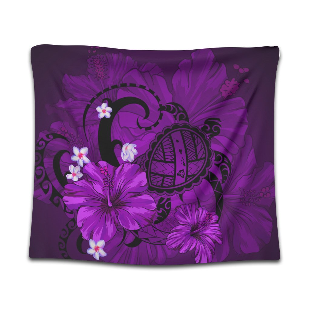 Hawaiian Map Big Turtle Hibiscus Plumeria Tribal Polynesian Tapestry - Purple - AH Wall Tapestry Black - Polynesian Pride