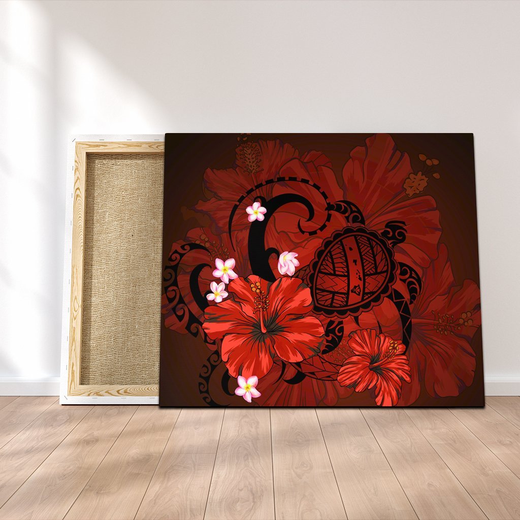 Hawaiian Map Big Turtle Hibiscus Plumeria Tribal Polynesian Canvas - Red - AH Canvas Poly-cotton - Polynesian Pride