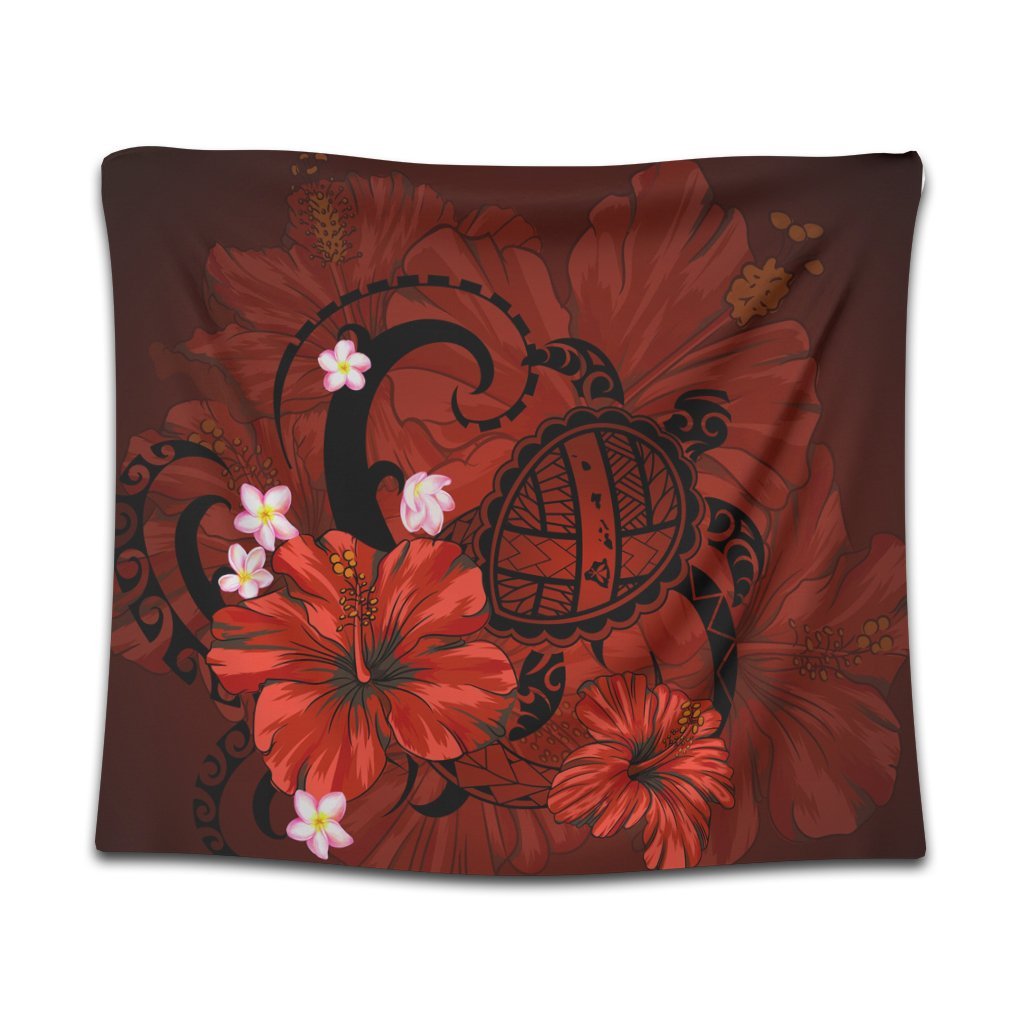 Hawaiian Map Big Turtle Hibiscus Plumeria Tribal Polynesian Tapestry - Red - AH Wall Tapestry Black - Polynesian Pride