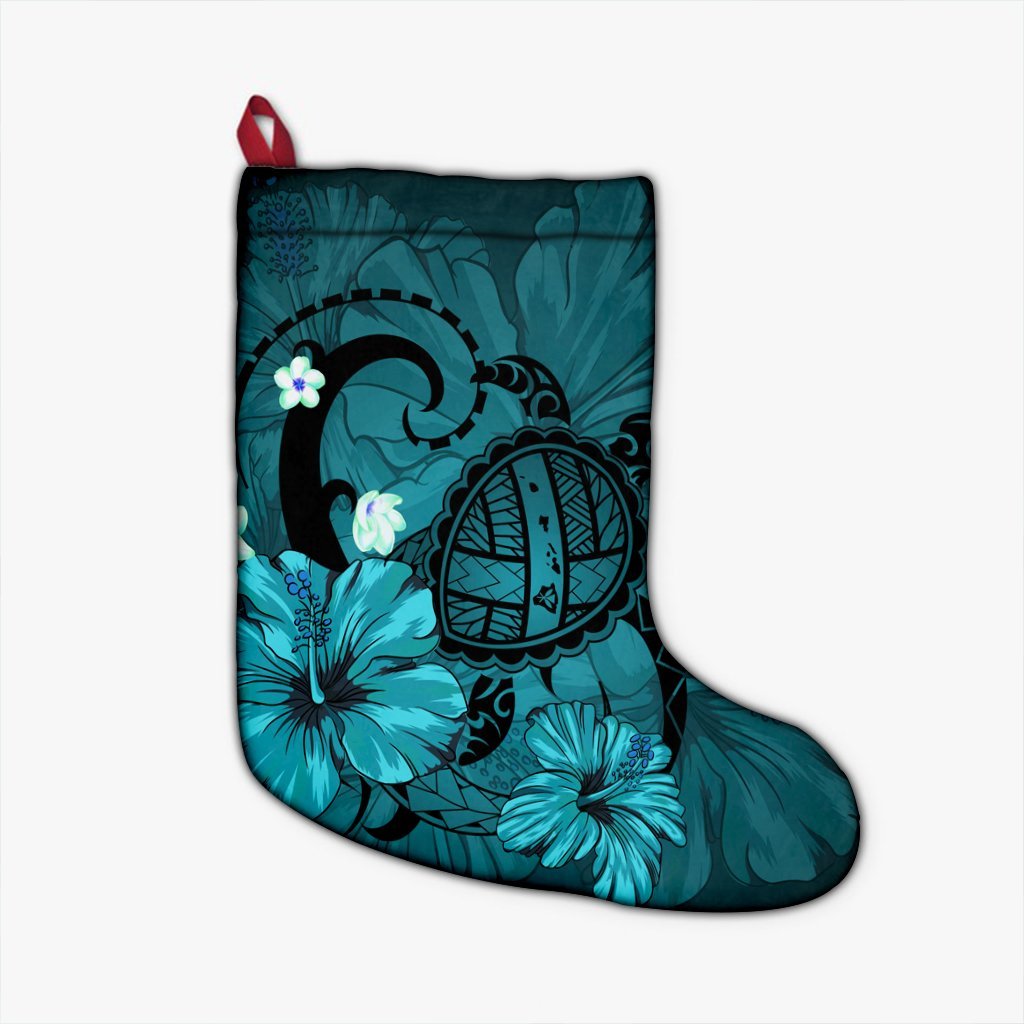 Hawaiian Map Big Turtle Hibiscus Plumeria Tribal Polynesian Christmas Stocking - Turquoise - AH Christmas Stocking 26 X 42 cm Black - Polynesian Pride