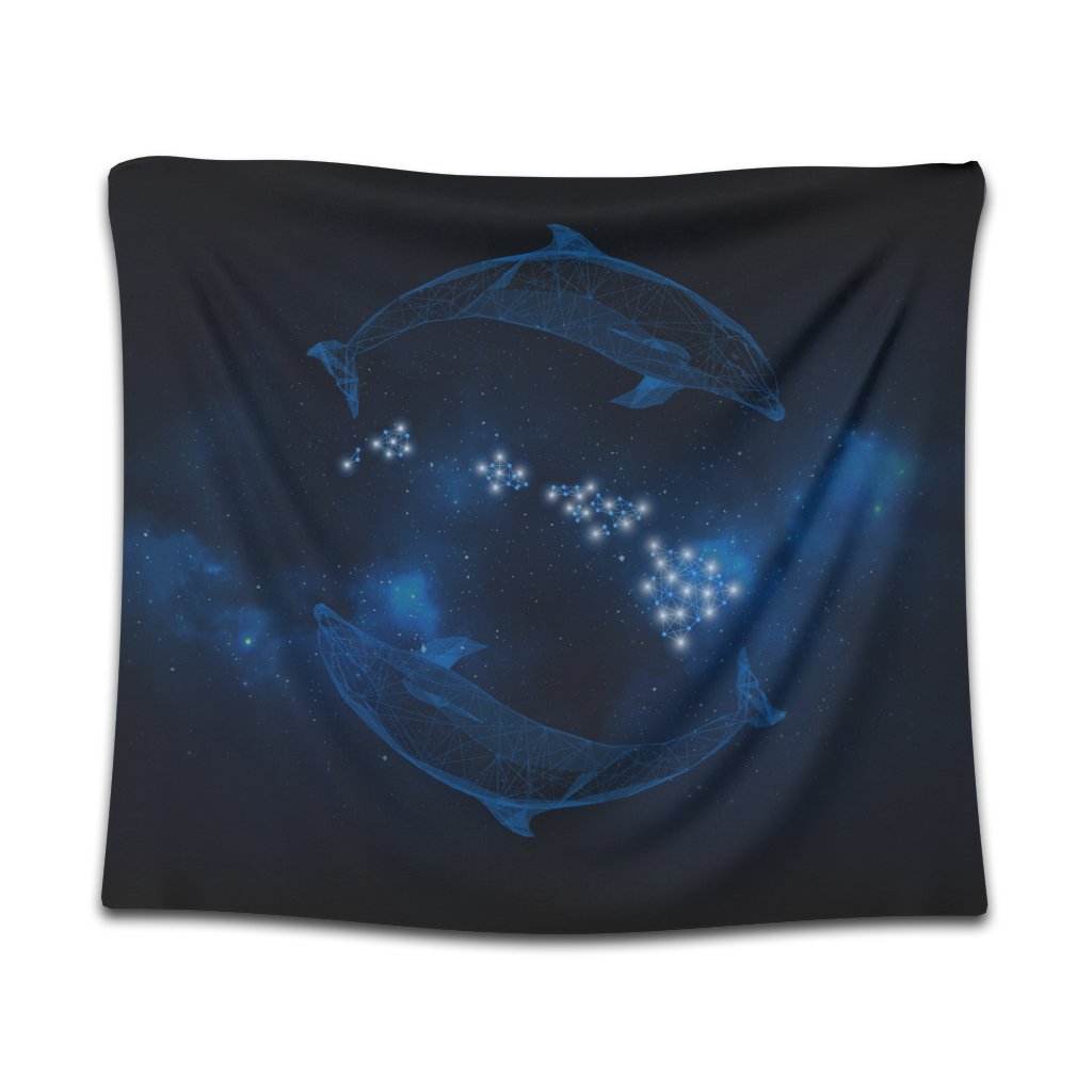 Hawaiian Map Galaxy Zodiac Dolphin Polynesian Tapestry - AH Wall Tapestry Black - Polynesian Pride