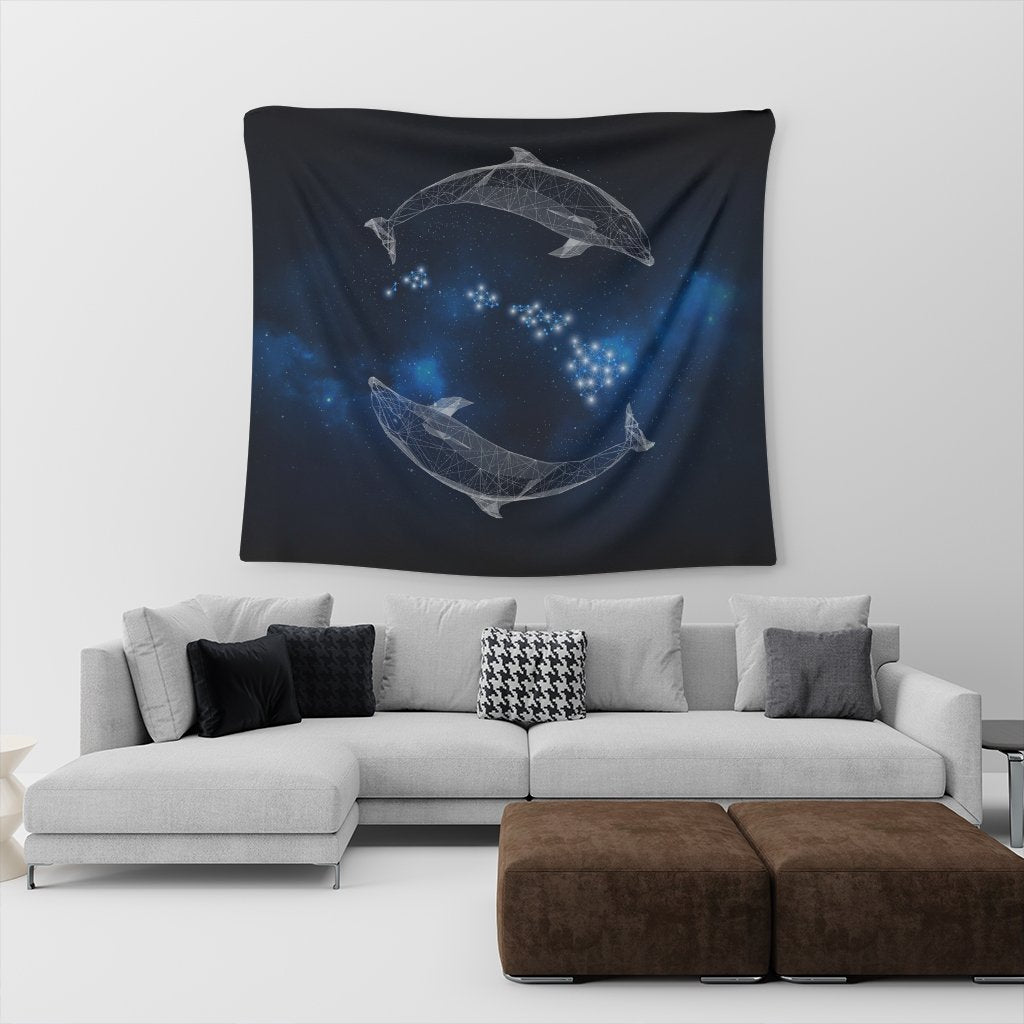 Hawaiian Map Galaxy Zodiac Dolphin White Polynesian Tapestry - AH - Polynesian Pride