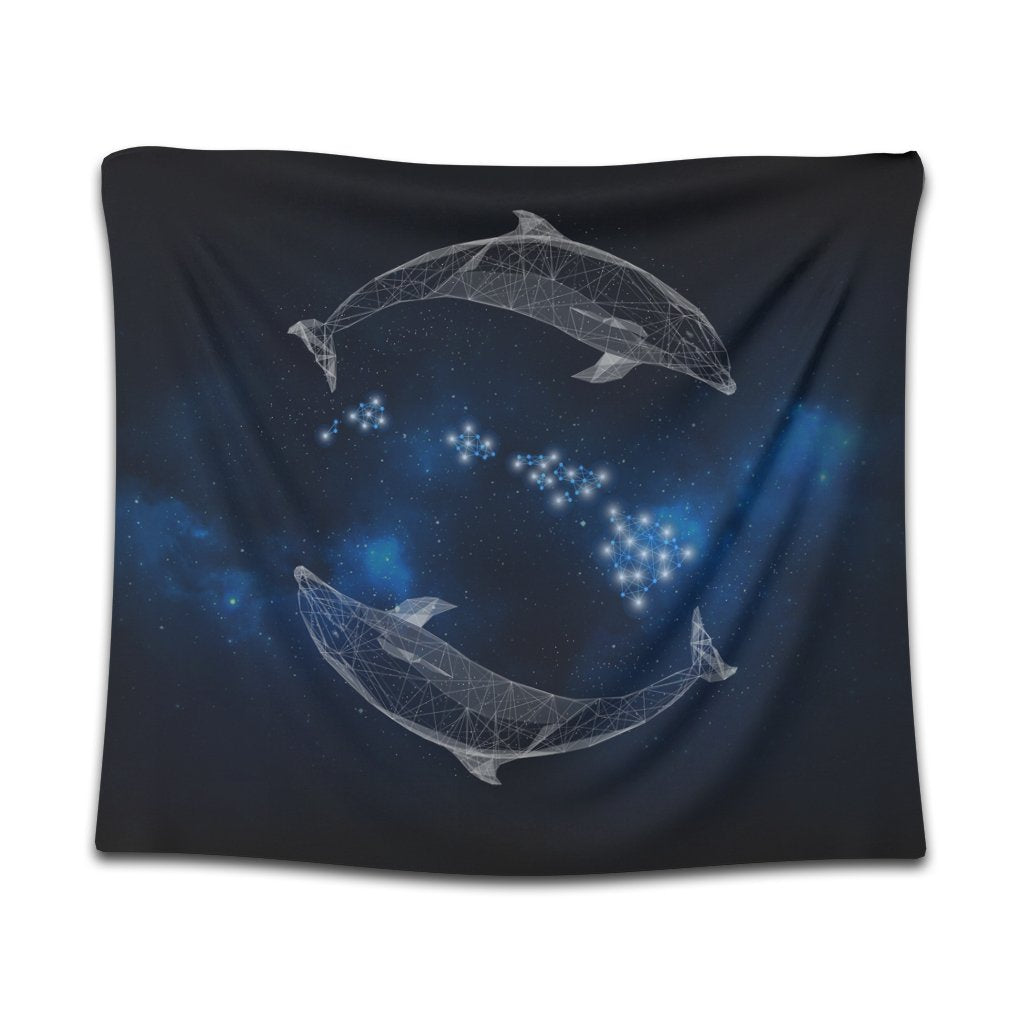 Hawaiian Map Galaxy Zodiac Dolphin White Polynesian Tapestry - AH Wall Tapestry Black - Polynesian Pride