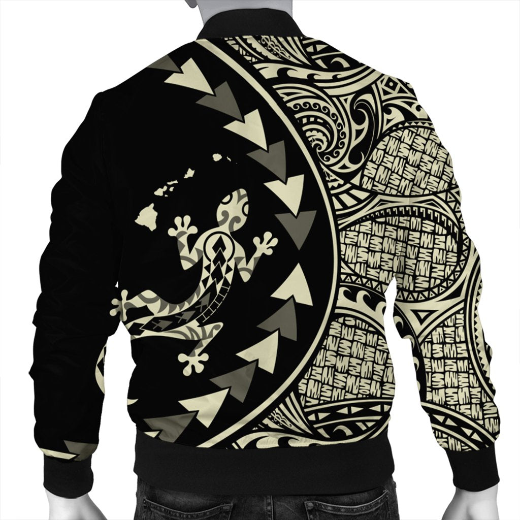 Hawaiian Map Gecko Tattoo Kakau Polynesian Bomber Jacket Beige AH - Polynesian Pride
