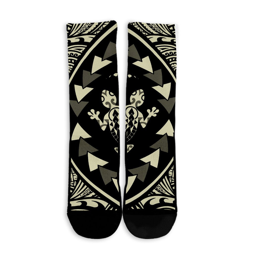 Hawaiian Map Gecko Tattoo Kakau Polynesian Crew Socks Beige AH - Polynesian Pride