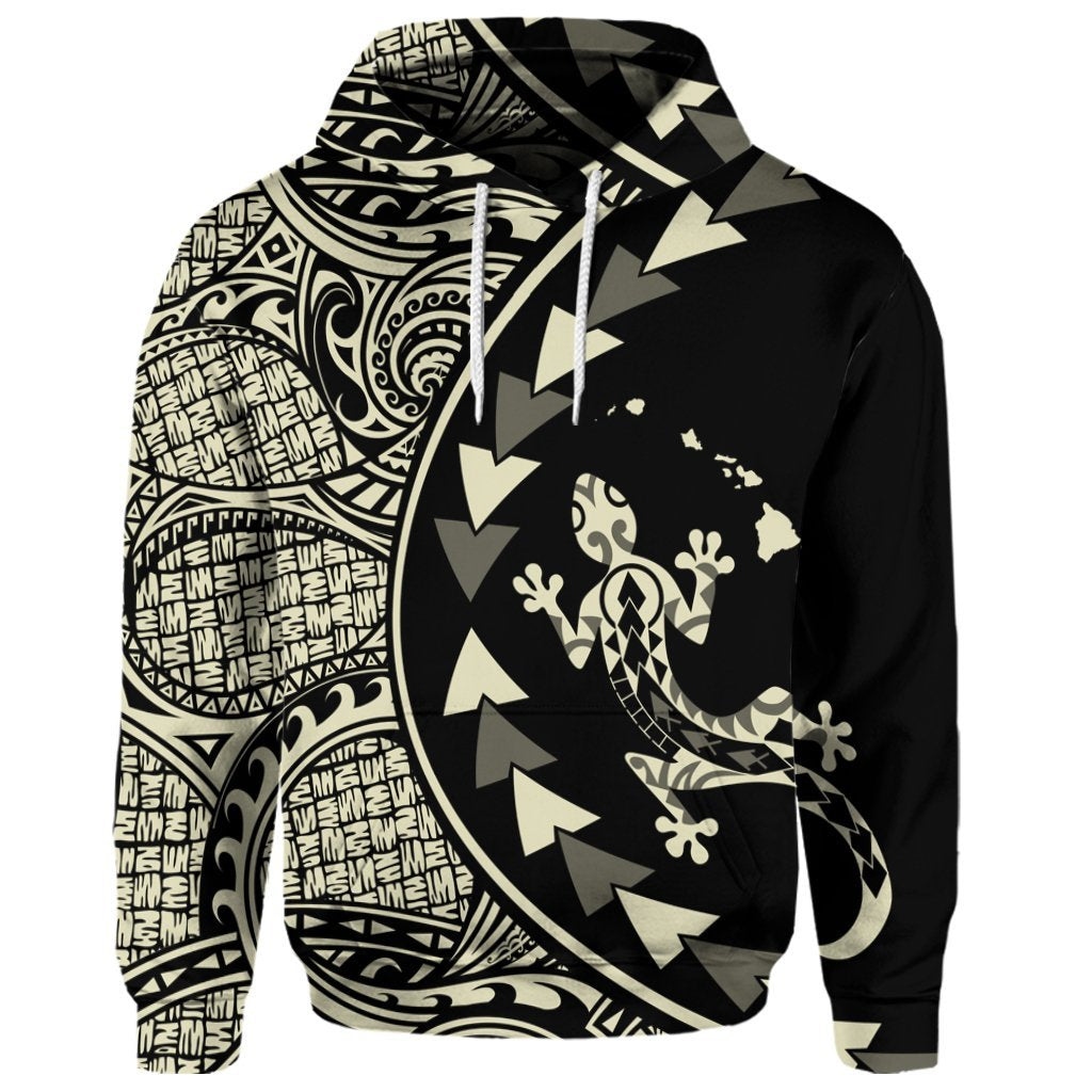 Custom Hawaiian Map Gecko Tattoo Kakau Polynesian Hoodie Beige - Polynesian Pride
