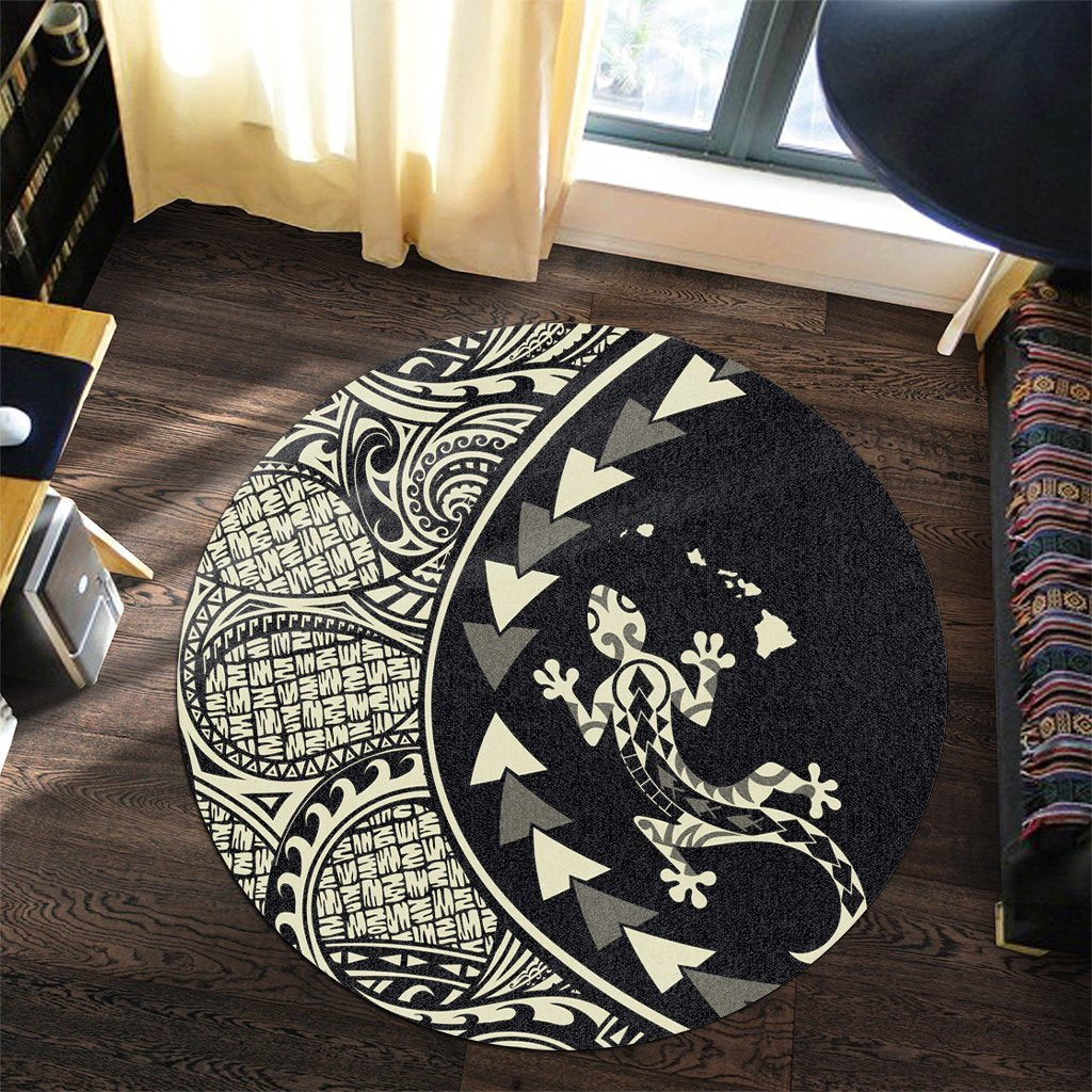 Hawaiian Map Gecko Tattoo Kakau Polynesian Round Carpet Beige AH - Polynesian Pride