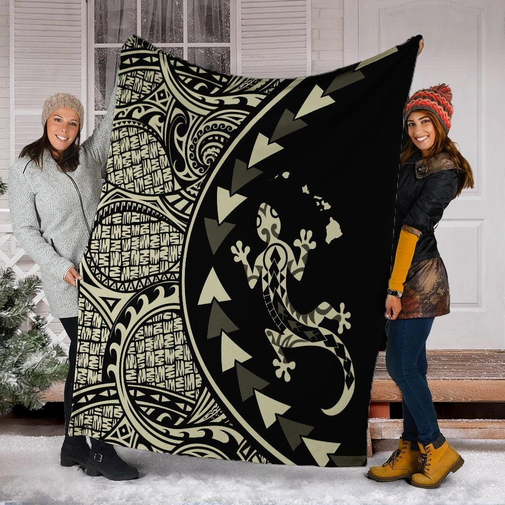 Hawaiian Map Gecko Tattoo Kakau Polynesian Premium Blankets Beige AH - Polynesian Pride