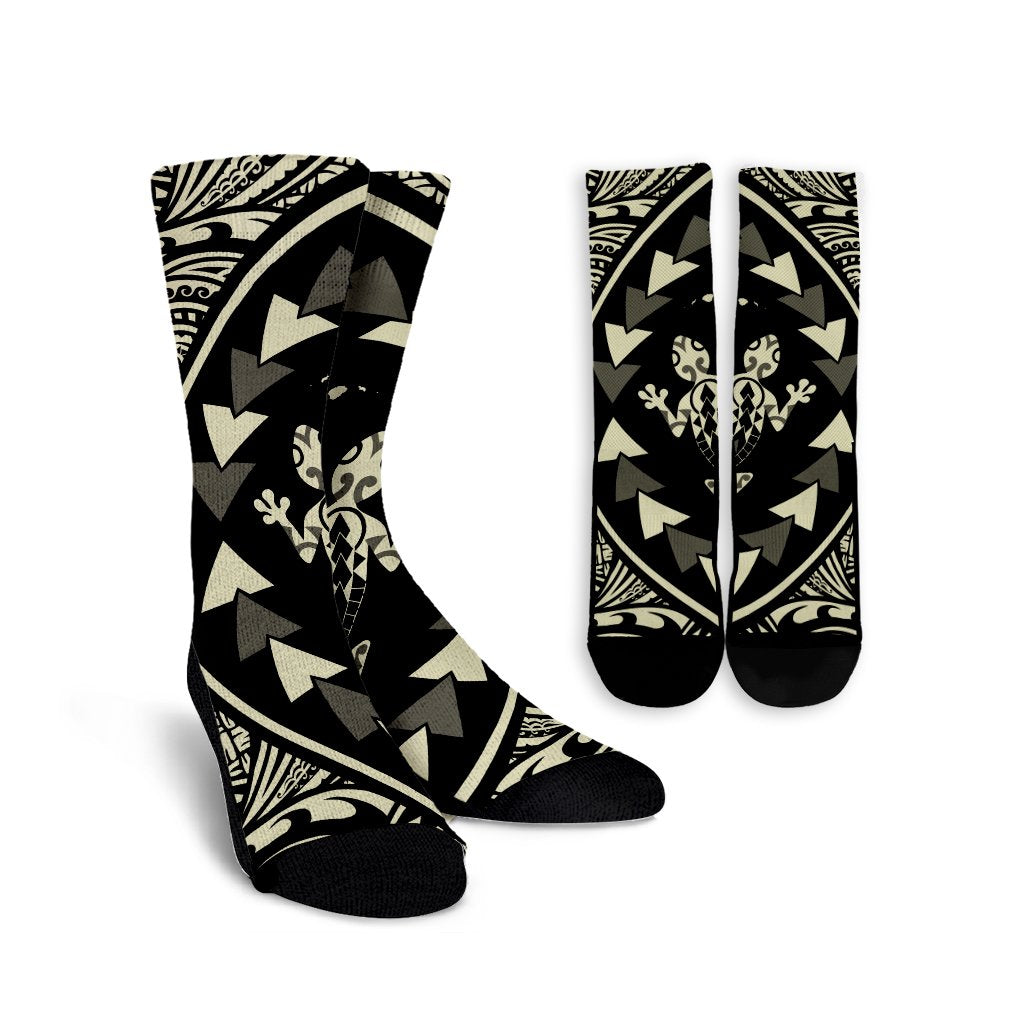 Hawaiian Map Gecko Tattoo Kakau Polynesian Crew Socks Beige AH Crew Socks White - Polynesian Pride
