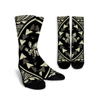 Hawaiian Map Gecko Tattoo Kakau Polynesian Crew Socks Beige AH Crew Socks White - Polynesian Pride