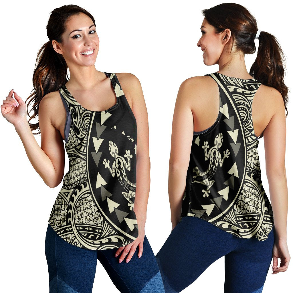 Hawaiian Map Gecko Tattoo Kakau Polynesian Racerback Tank Beige AH Black - Polynesian Pride