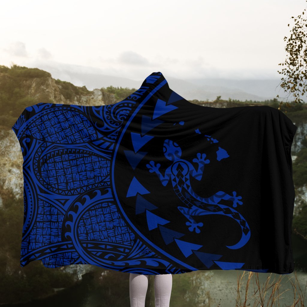 Hawaiian Map Gecko Tattoo Kakau Polynesian Hooded Blanket Blue AH - Polynesian Pride