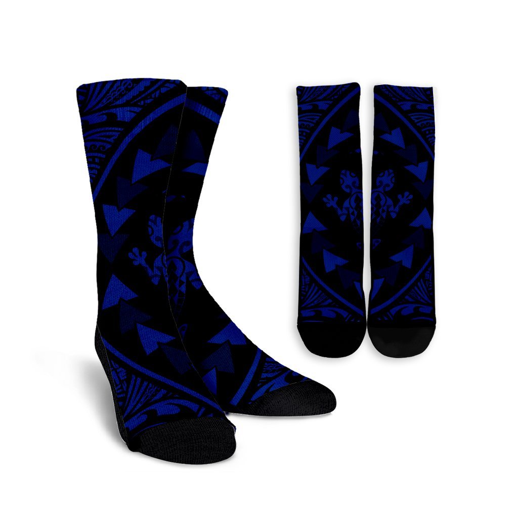 Hawaiian Map Gecko Tattoo Kakau Polynesian Crew Socks Blue AH Crew Socks White - Polynesian Pride