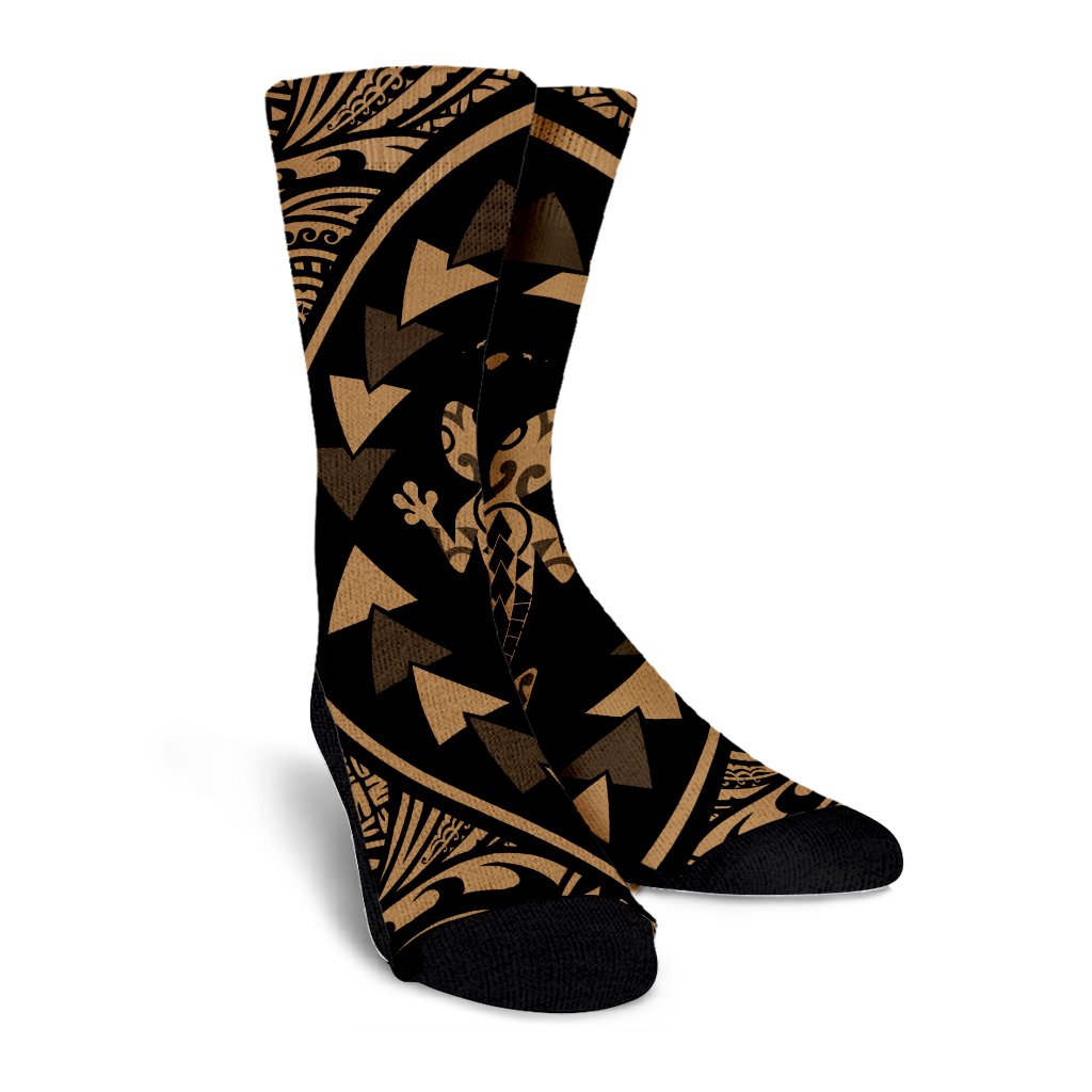 Hawaiian Map Gecko Tattoo Kakau Polynesian Crew Socks Gold AH - Polynesian Pride