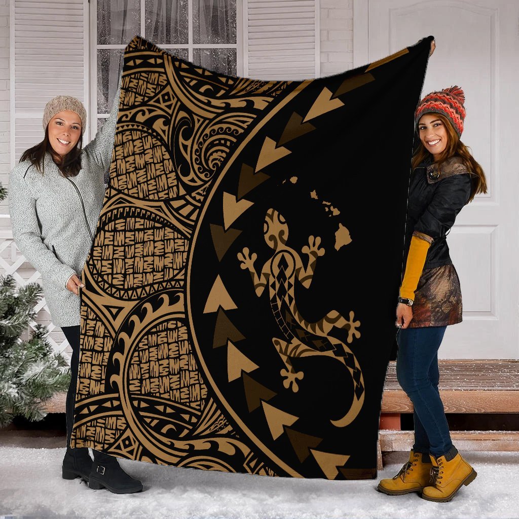 Hawaiian Map Gecko Tattoo Kakau Polynesian Premium Blankets Gold AH - Polynesian Pride