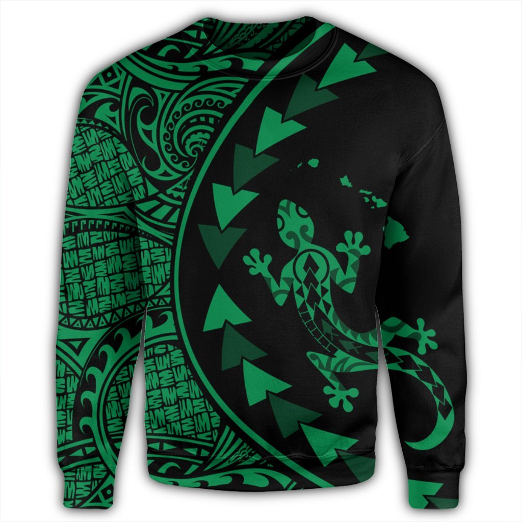 Hawaiian Map Gecko Tattoo Kakau Polynesian Sweatshirt Green AH - Polynesian Pride