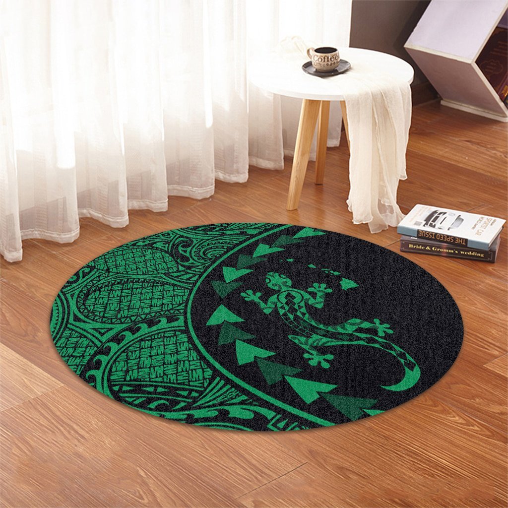 Hawaiian Map Gecko Tattoo Kakau Polynesian Round Carpet Green AH - Polynesian Pride