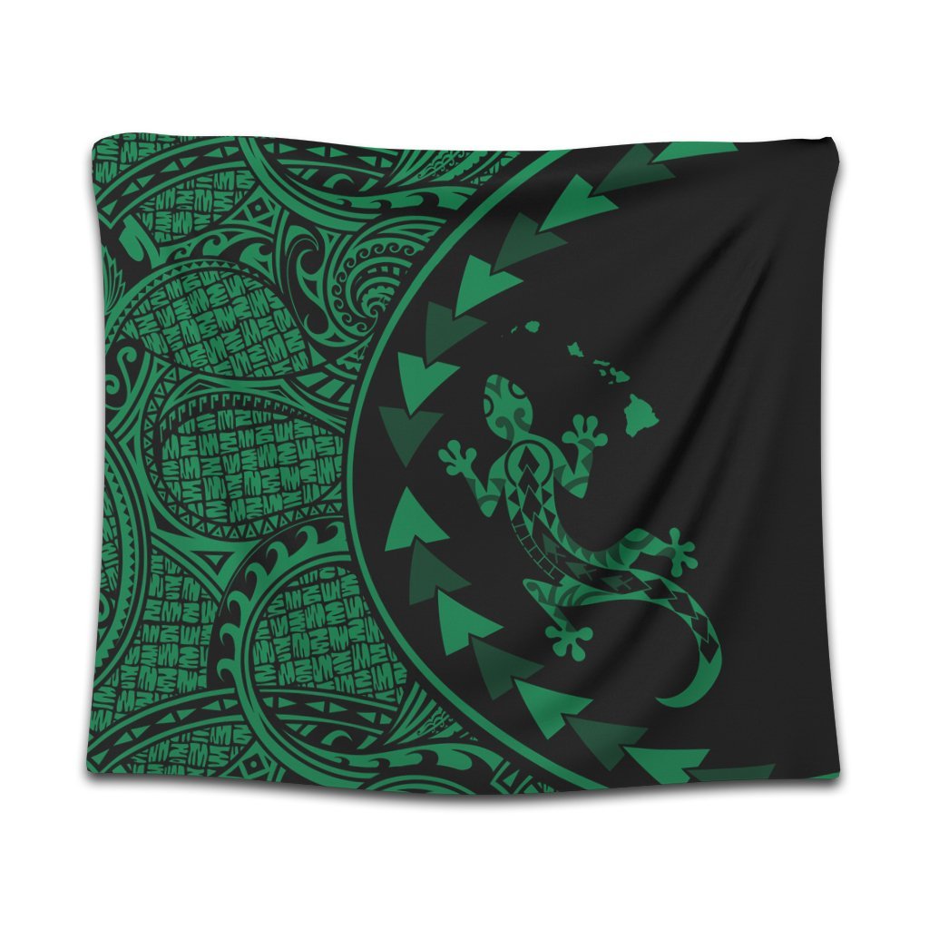 Hawaiian Map Gecko Tattoo Kakau Polynesian Tapestry Green AH Wall Tapestry Black - Polynesian Pride