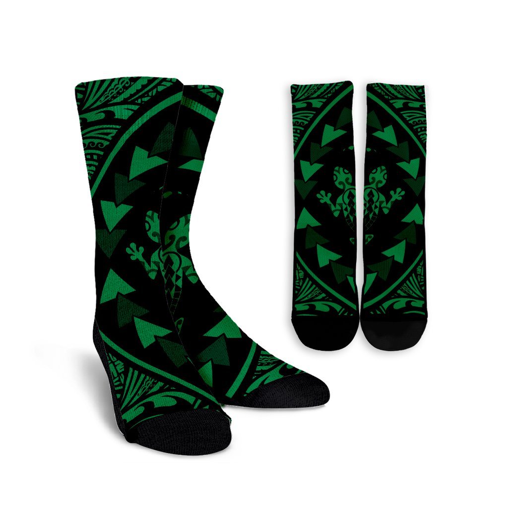 Hawaiian Map Gecko Tattoo Kakau Polynesian Crew Socks Green AH Crew Socks White - Polynesian Pride