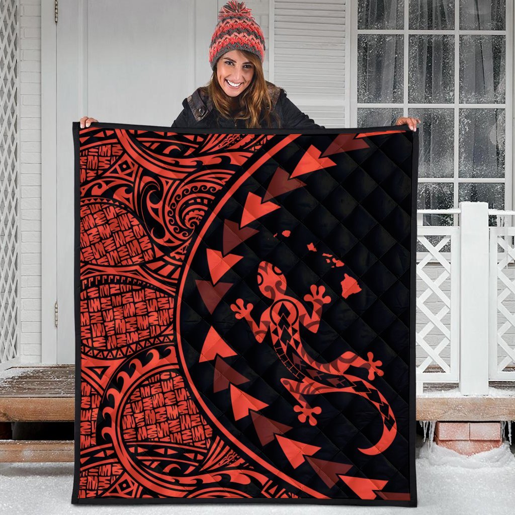 Hawaiian Map Gecko Tattoo Kakau Polynesian Premium Quilts Orange AH - Polynesian Pride