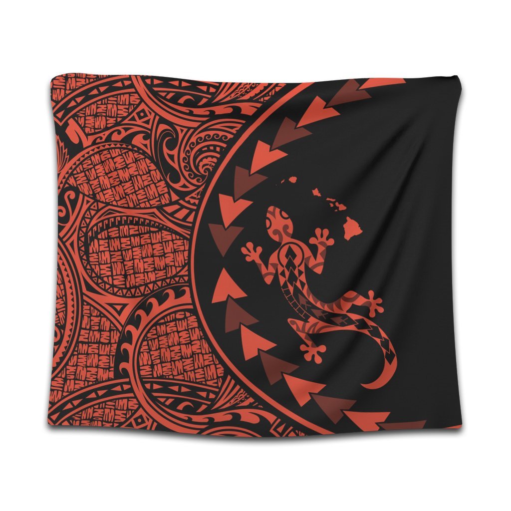 Hawaiian Map Gecko Tattoo Kakau Polynesian Tapestry Orange AH Wall Tapestry Black - Polynesian Pride