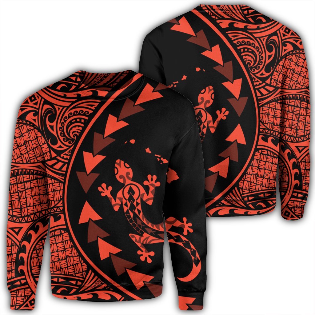 Hawaiian Map Gecko Tattoo Kakau Polynesian Sweatshirt Orange AH Unisex Black - Polynesian Pride