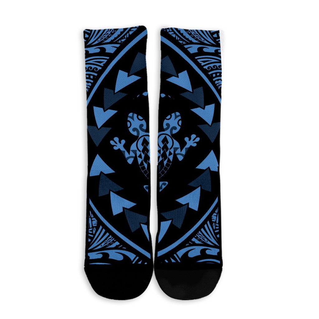 Hawaiian Map Gecko Tattoo Kakau Polynesian Crew Socks Pastel Blue AH - Polynesian Pride