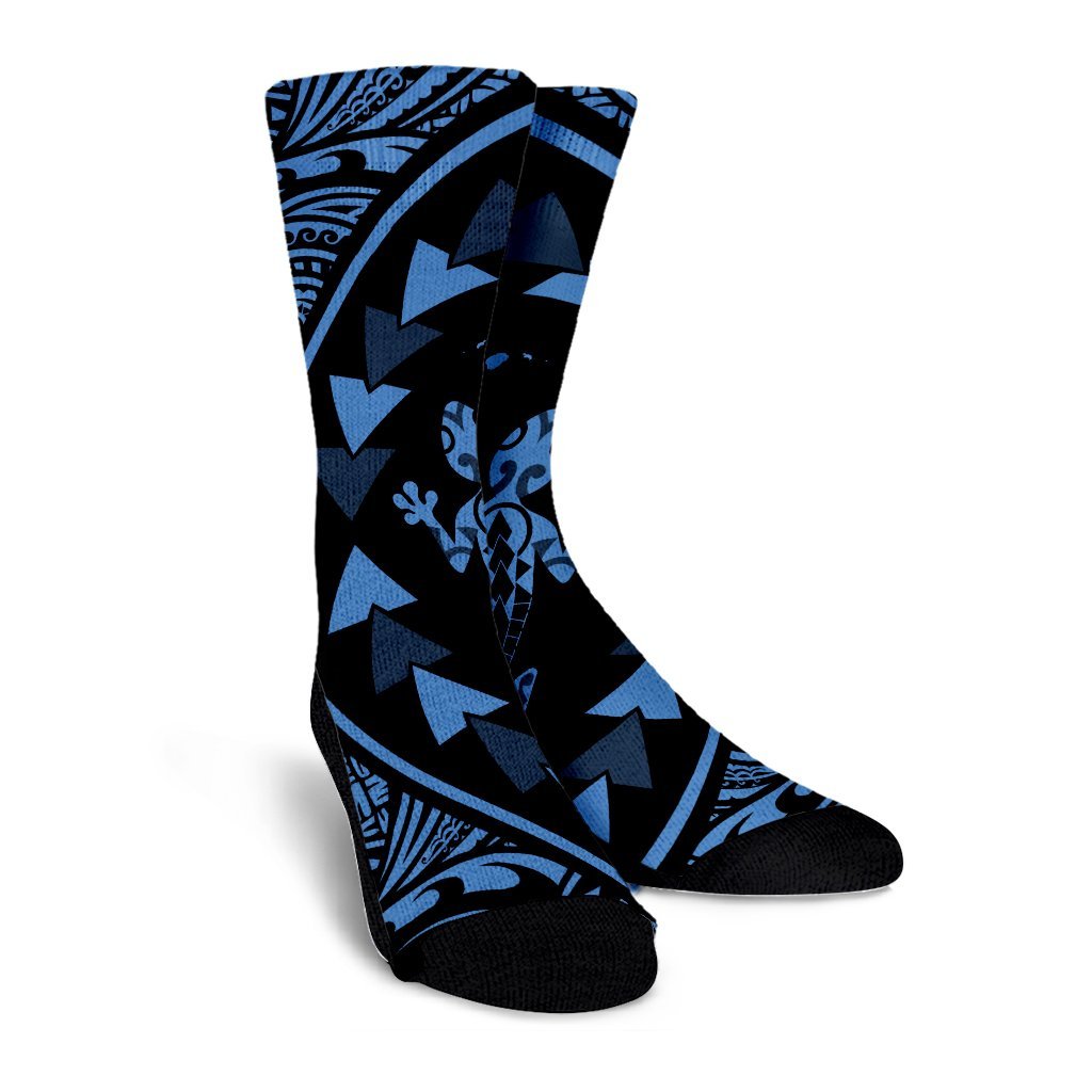 Hawaiian Map Gecko Tattoo Kakau Polynesian Crew Socks Pastel Blue AH - Polynesian Pride
