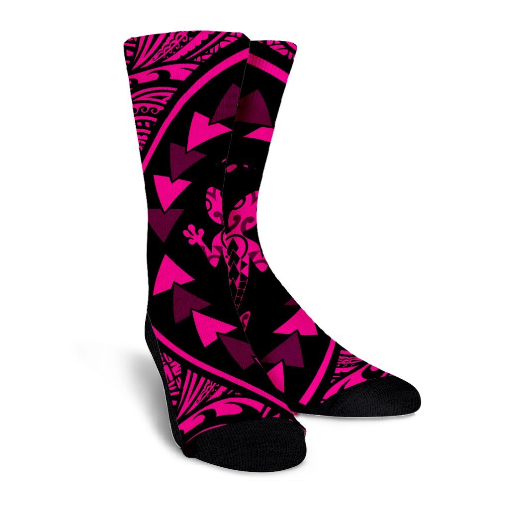 Hawaiian Map Gecko Tattoo Kakau Polynesian Crew Socks Pink AH - Polynesian Pride