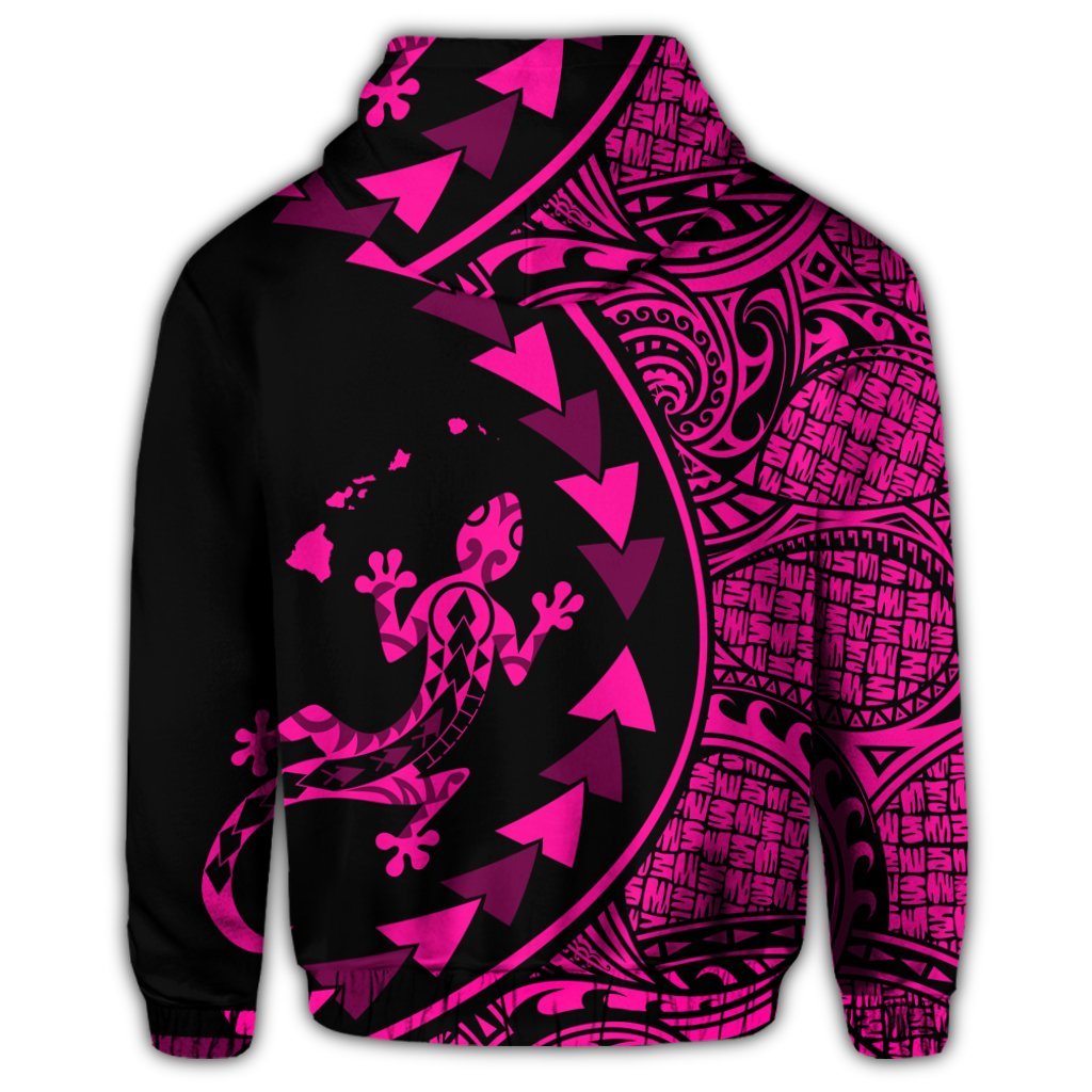 Hawaiian Map Gecko Tattoo Kakau Polynesian Zip Hoodie Pink - Polynesian Pride