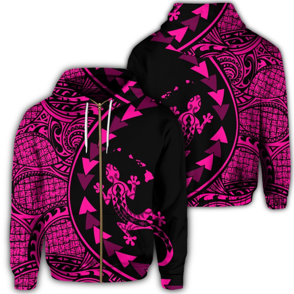 Hawaiian Map Gecko Tattoo Kakau Polynesian Zip Hoodie Pink Unisex Art - Polynesian Pride