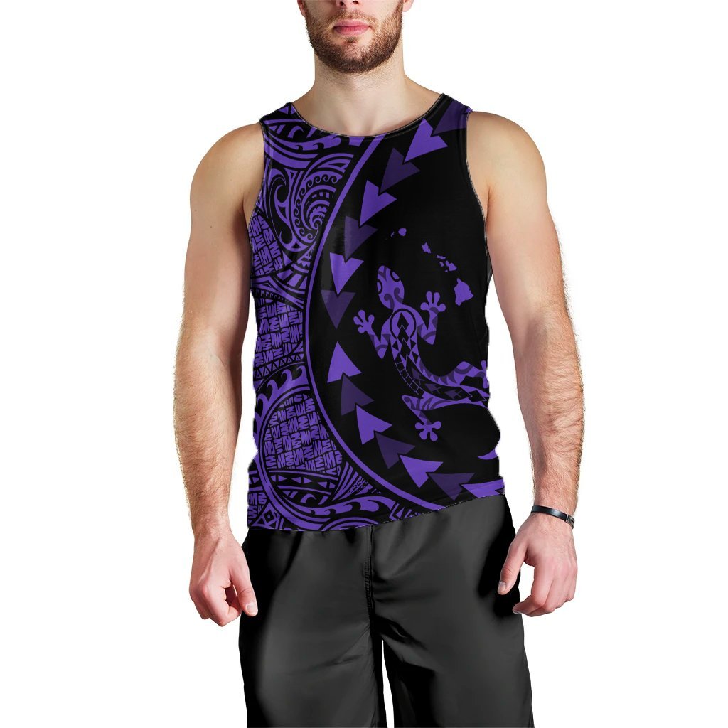 Hawaiian Map Gecko Tattoo Kakau Polynesian Tank Top Purple AH Black - Polynesian Pride