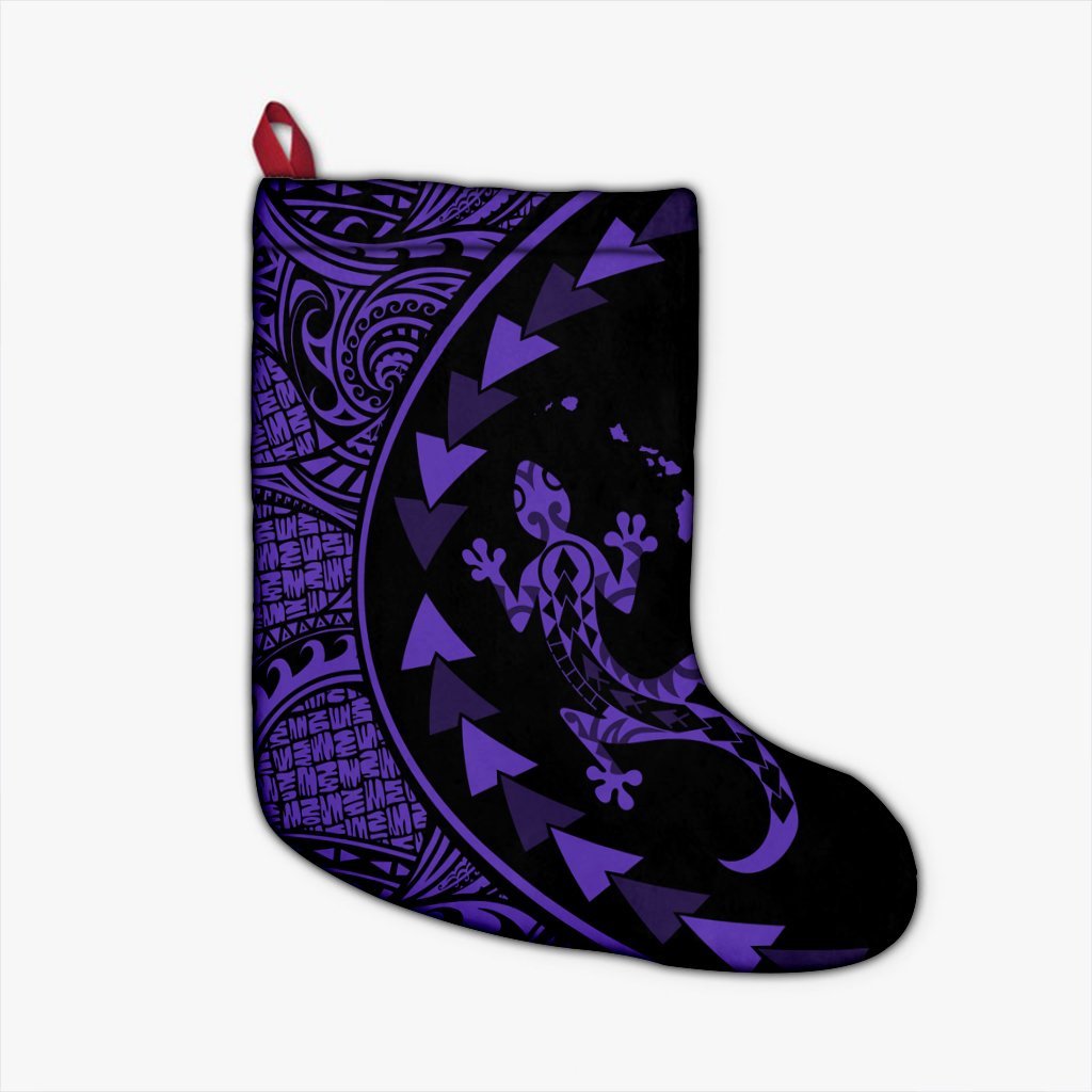 Hawaiian Map Gecko Tattoo Kakau Polynesian Christmas Stocking Purple AH Christmas Stocking 26 X 42 cm Black - Polynesian Pride