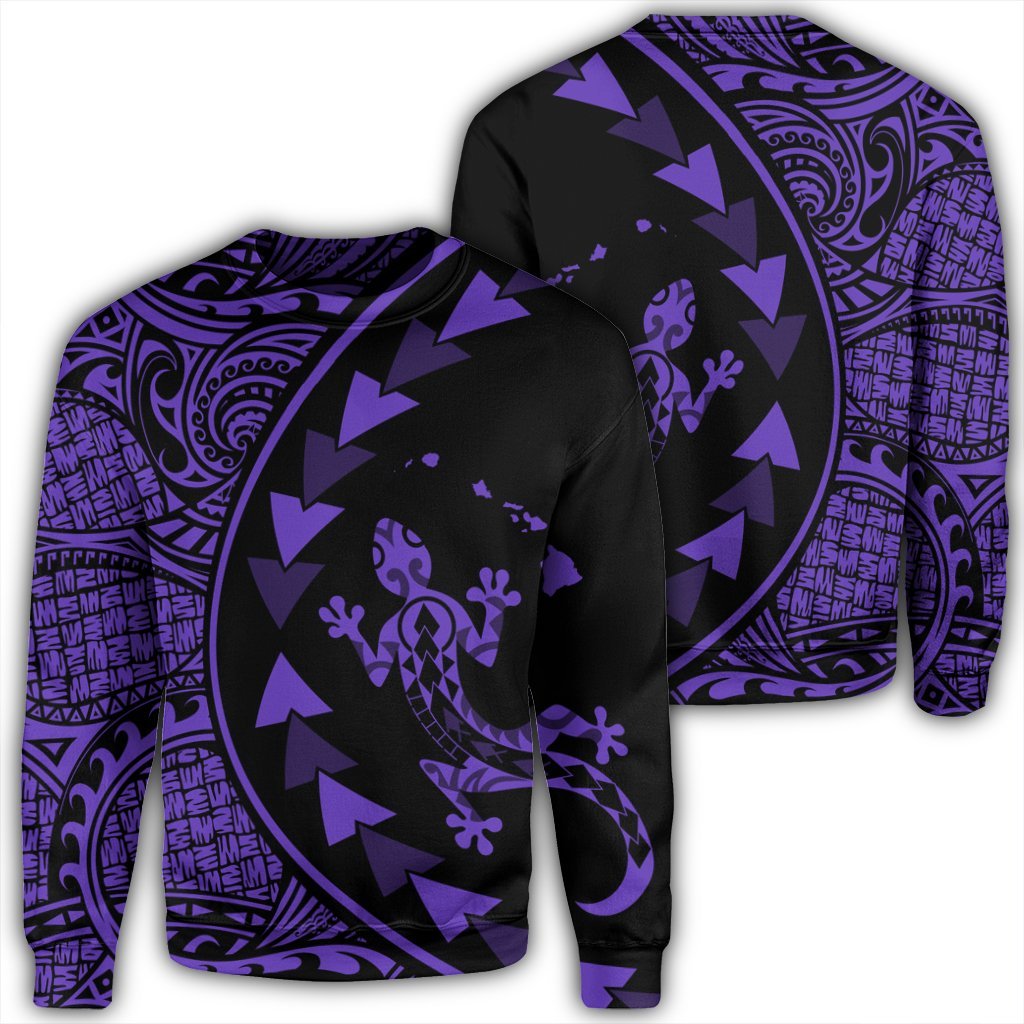 Hawaiian Map Gecko Tattoo Kakau Polynesian Sweatshirt Purple AH Unisex Black - Polynesian Pride