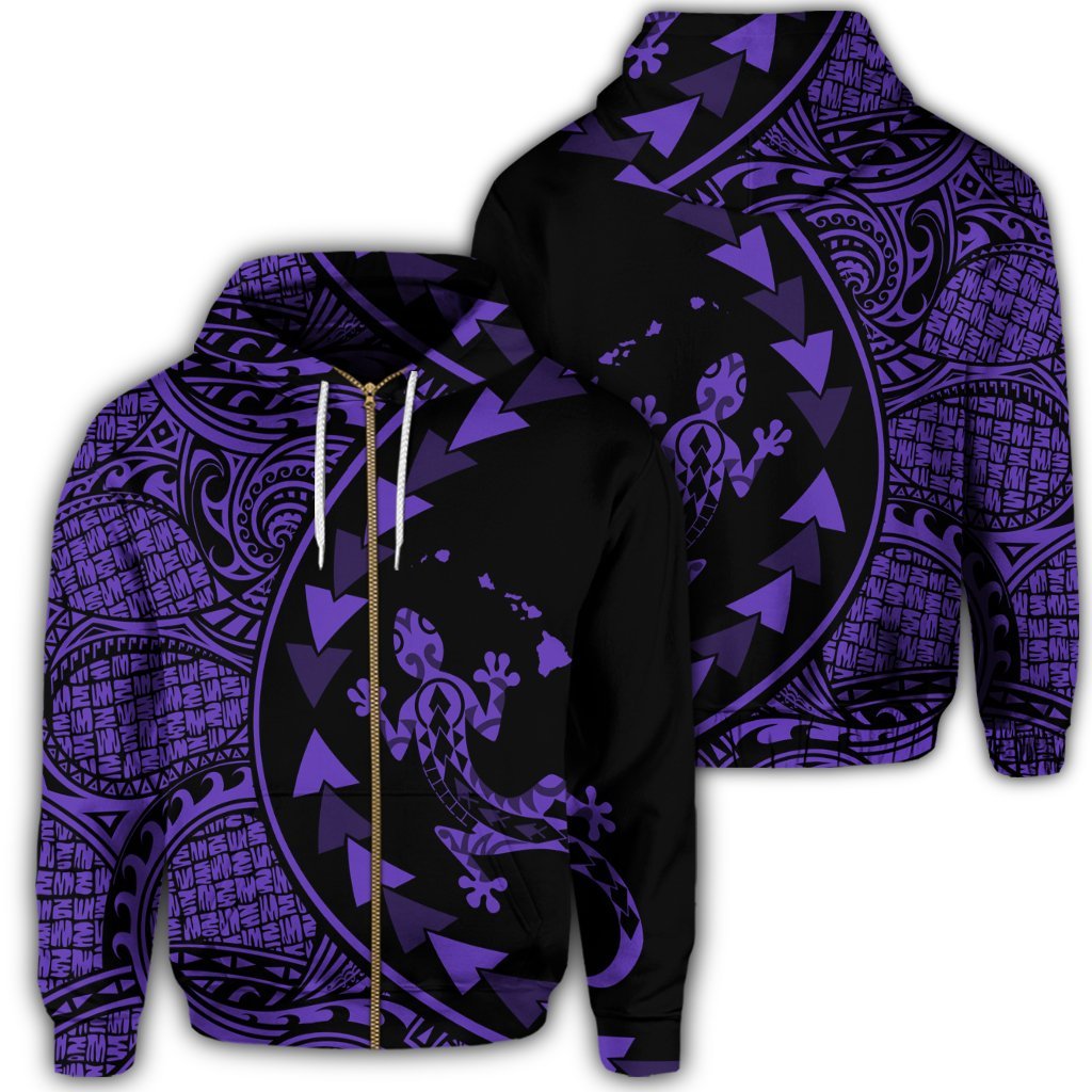 Hawaiian Map Gecko Tattoo Kakau Polynesian Zip Hoodie Purple Unisex Art - Polynesian Pride