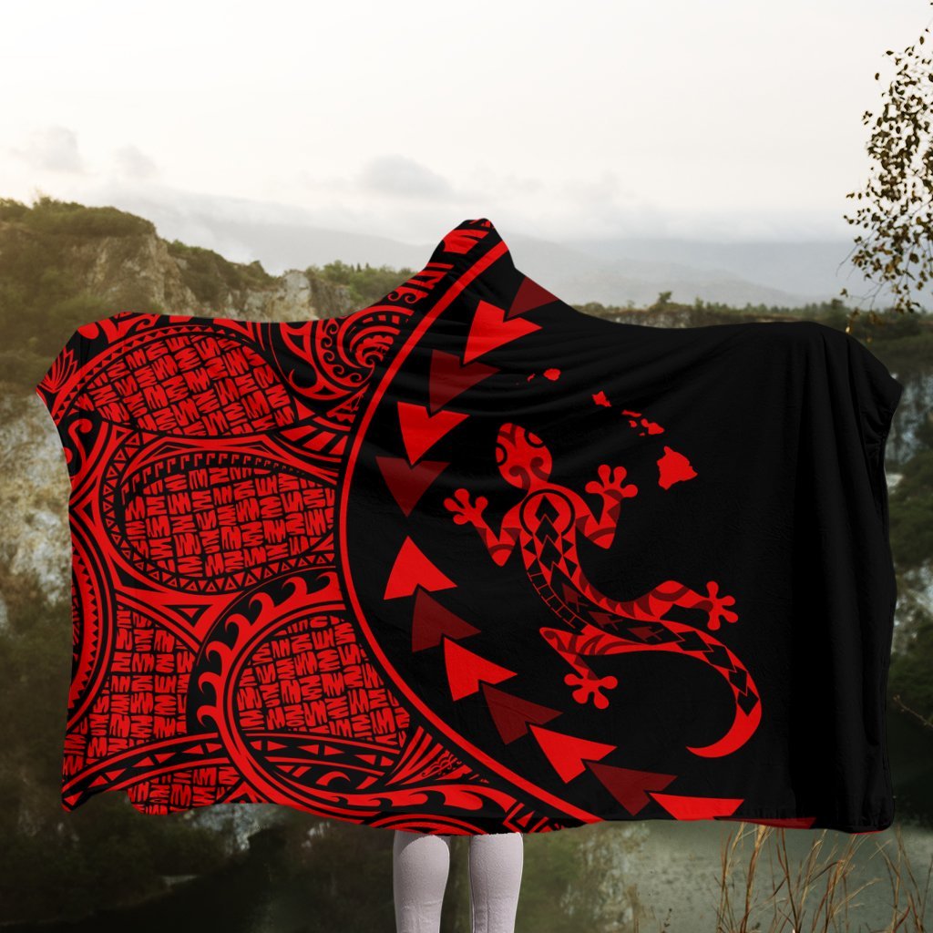 Hawaiian Map Gecko Tattoo Kakau Polynesian Hooded Blanket Red AH - Polynesian Pride