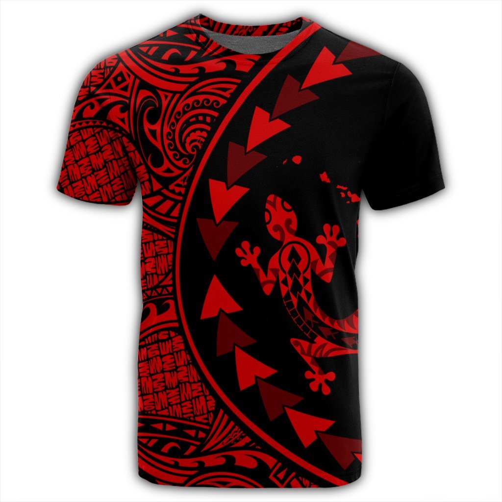 Hawaiian Map Gecko Tattoo Kakau Polynesian T Shirt Red - Polynesian Pride