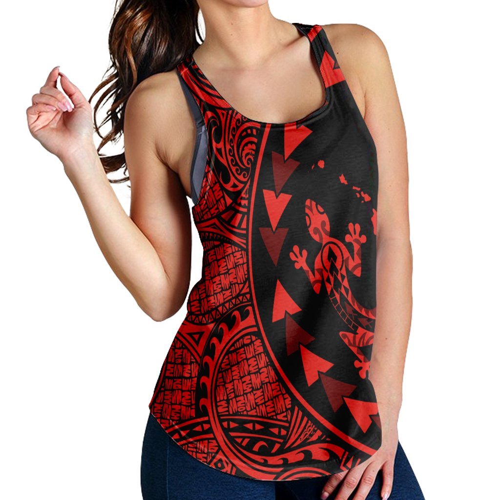 Hawaiian Map Gecko Tattoo Kakau Polynesian Racerback Tank Red AH - Polynesian Pride