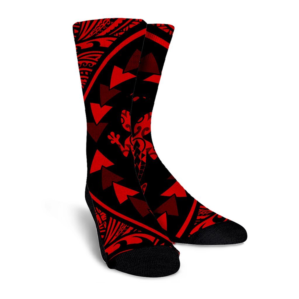 Hawaiian Map Gecko Tattoo Kakau Polynesian Crew Socks Red AH - Polynesian Pride