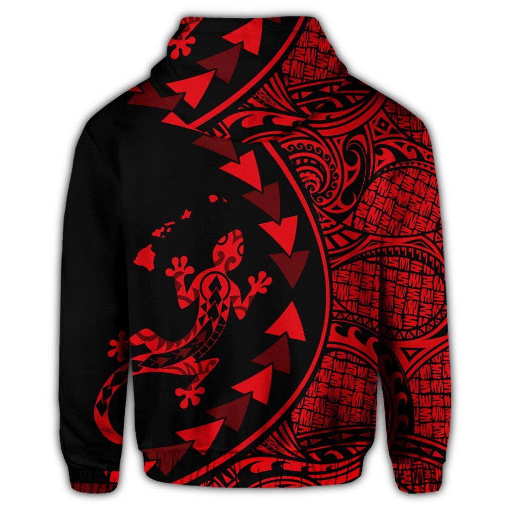 Hawaiian Map Gecko Tattoo Kakau Polynesian Zip Hoodie Red - Polynesian Pride