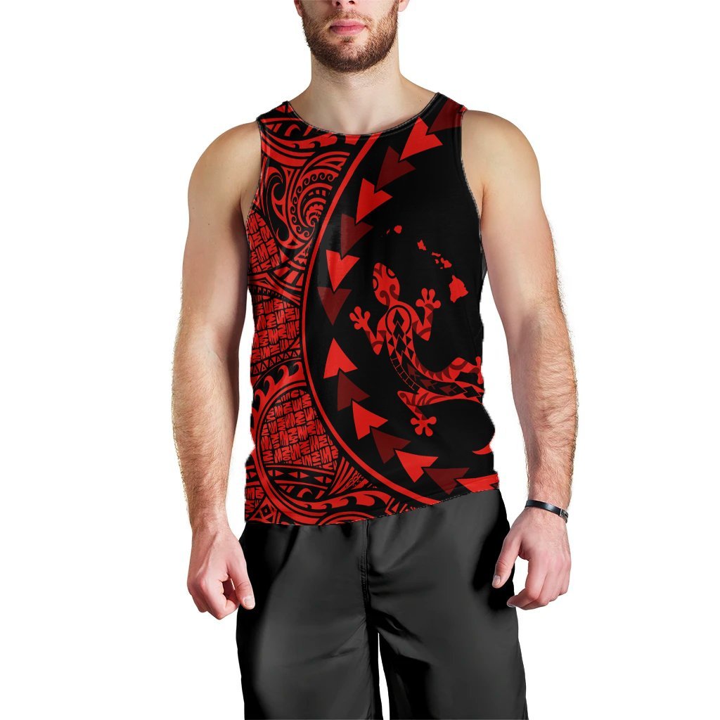 Hawaiian Map Gecko Tattoo Kakau Polynesian Tank Top Red AH Black - Polynesian Pride