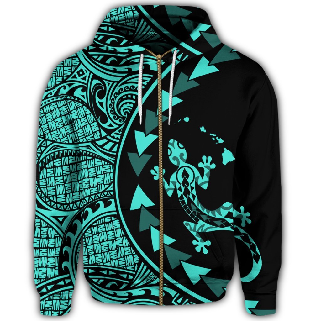 Hawaiian Map Gecko Tattoo Kakau Polynesian Zip Hoodie Turquoise - Polynesian Pride