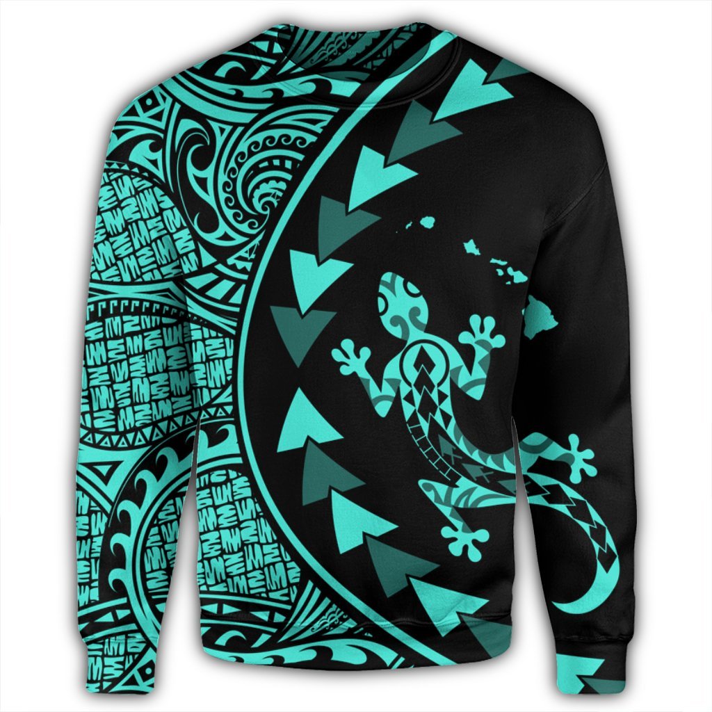 Hawaiian Map Gecko Tattoo Kakau Polynesian Sweatshirt Turquoise AH - Polynesian Pride