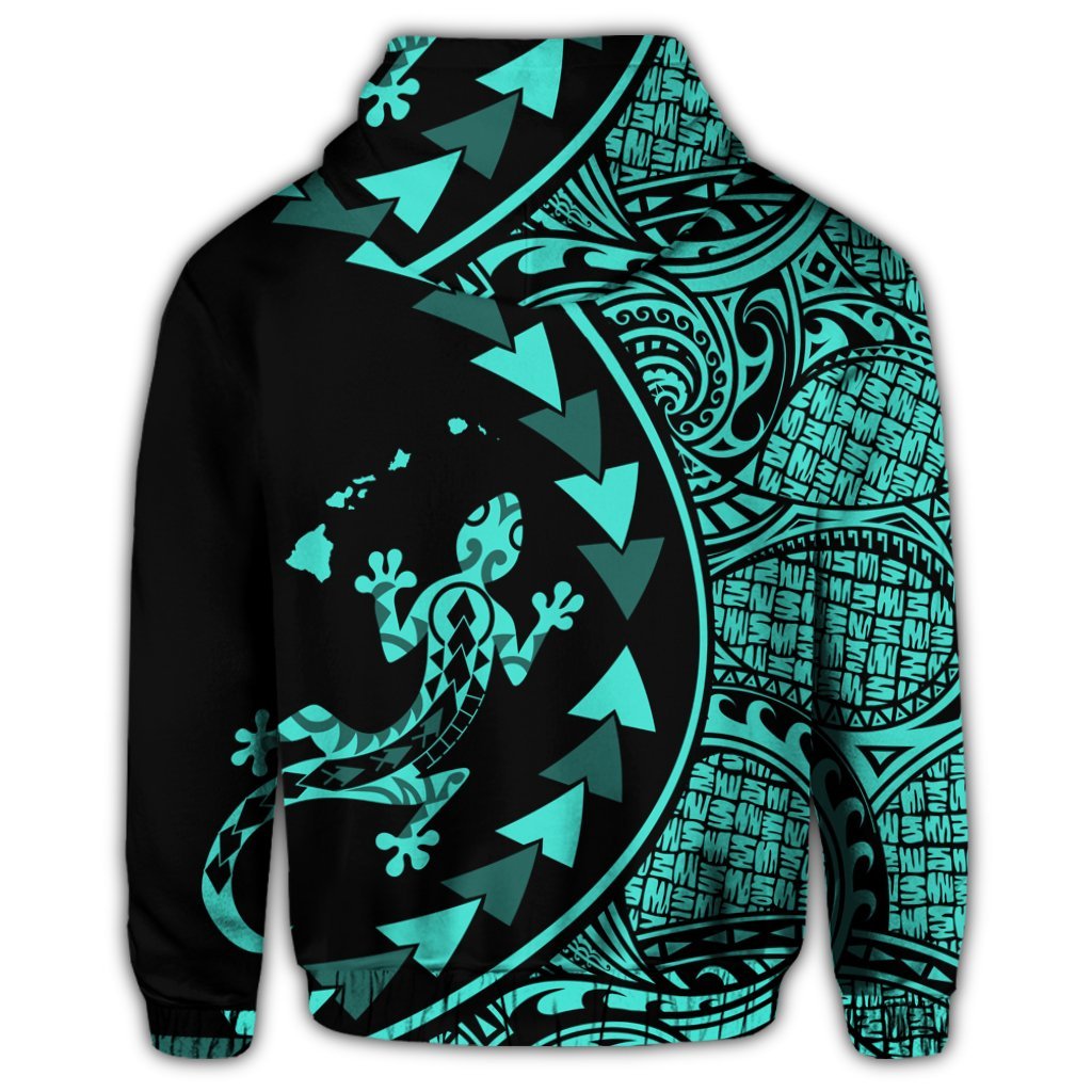 Hawaiian Map Gecko Tattoo Kakau Polynesian Zip Hoodie Turquoise - Polynesian Pride