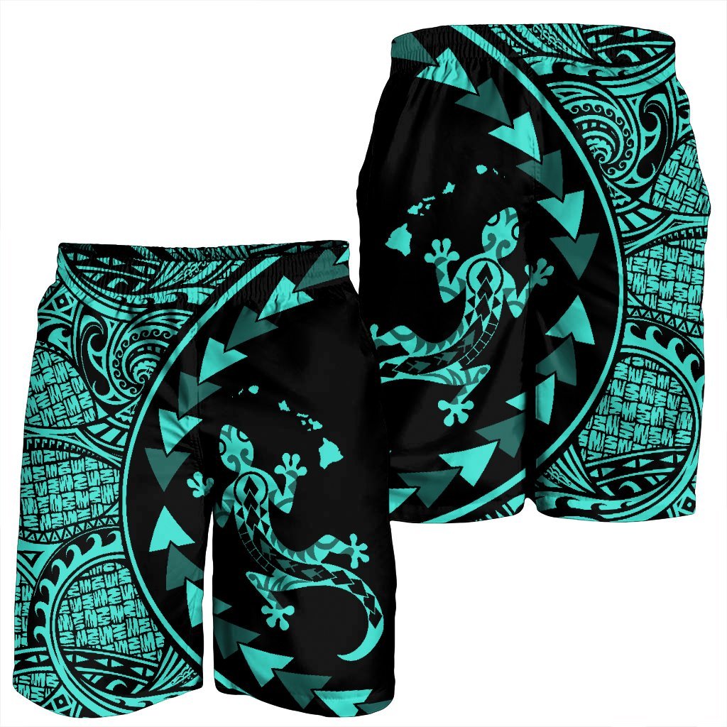 Hawaiian Map Gecko Tattoo Kakau Polynesian Men's Shorts Turquoise AH - Polynesian Pride