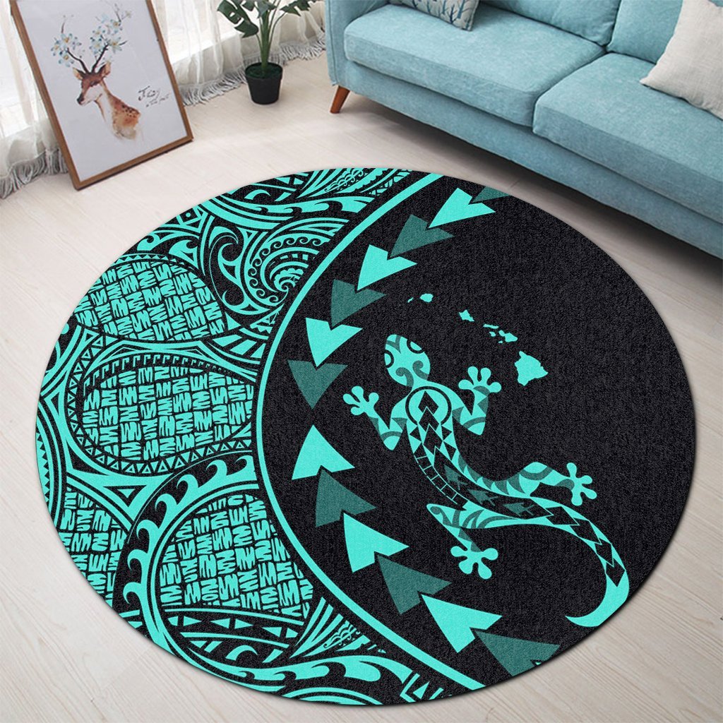 Hawaiian Map Gecko Tattoo Kakau Polynesian Round Carpet Turquoise AH - Polynesian Pride