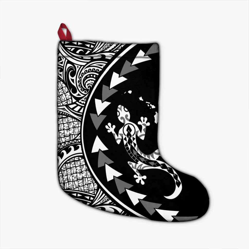 Hawaiian Map Gecko Tattoo Kakau Polynesian Christmas Stocking White AH Christmas Stocking 26 X 42 cm Black - Polynesian Pride