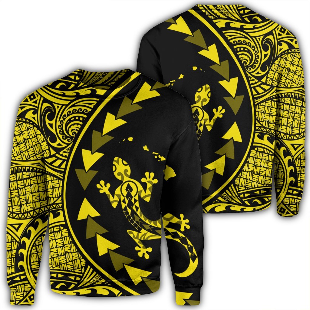 Hawaiian Map Gecko Tattoo Kakau Polynesian Sweatshirt Yellow AH Unisex Black - Polynesian Pride
